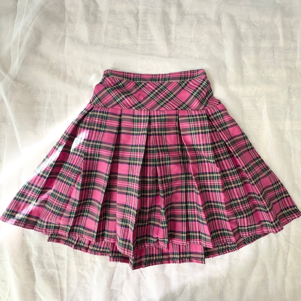 Pink Plaid Pleated Mini Skirt Tartan Side Zip Elastic Back Size 13/14